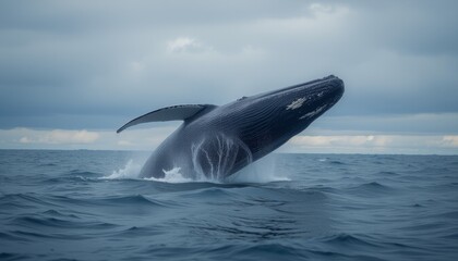 Fototapeta premium Humpback whale breaching the ocean surface under a cloudy sky showcasing the majesty of marine life.