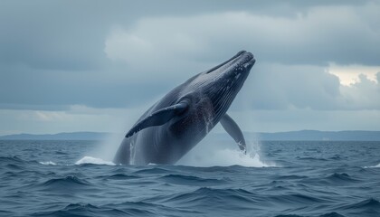 Fototapeta premium Humpback whale breaching the ocean surface under a cloudy sky showcasing the majesty of marine life.