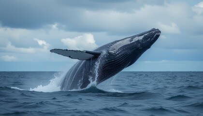 Naklejka premium Humpback whale breaching the ocean surface under a cloudy sky showcasing the majesty of marine life.