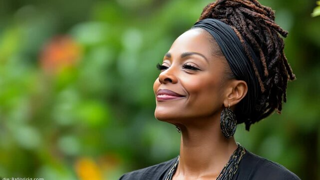 A woman with dreadlocks is sitting in a garden and looking at the camera. She has a calm and peaceful expression on her face