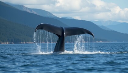 Obraz premium Whale's tail emerging from the ocean with mountains in the background representing nature's beauty and marine life.