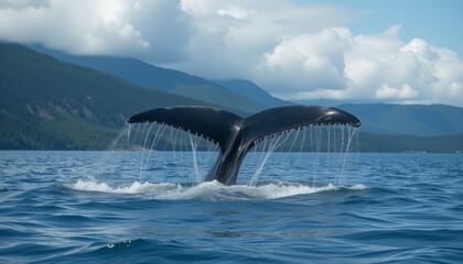 Naklejka premium Whale's tail emerging from the ocean with mountains in the background representing nature's beauty and marine life.