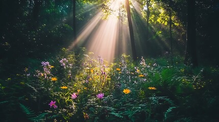 Obraz premium Sunbeams illuminate a vibrant wildflowers meadow in a mystical forest.