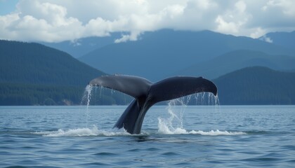 Fototapeta premium Whale's tail emerging from the ocean with mountains in the background representing nature's beauty and marine life.