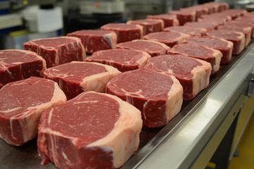 Fototapeta premium Freshly cut ribeye steaks displayed in a kitchen