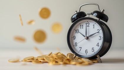 Alarm clock surrounded by falling coins illustrating the concept of time is money.