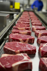 Fototapeta premium Fresh beef cuts on a production line at a facility