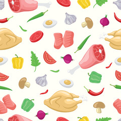 Seamless pattern vector illustration of cartoon fresh meat and spice 