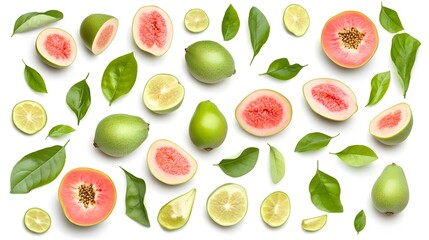 Naklejka premium Assorted tropical fruits and leaves arranged on white background
