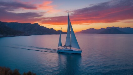 Boat. Serene Sail: A Sunset Voyage into Tranquility. Magic of a peaceful journey as a lone sailboat glides across calm waters at sunset