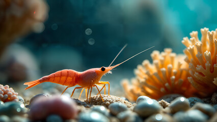 A Serene Underwater Haven Highlighting the Interactions of Crystal Red Shrimp with Other Aquatic Species Amidst Colorful Coral and Stones