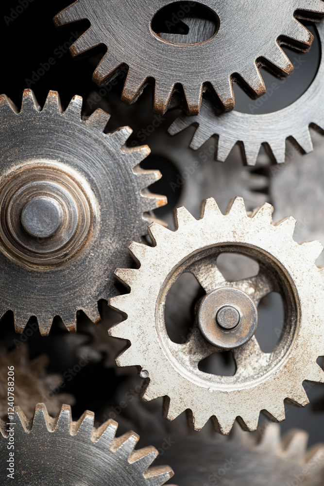 Poster Close-up view of interlocking metal gears in operation