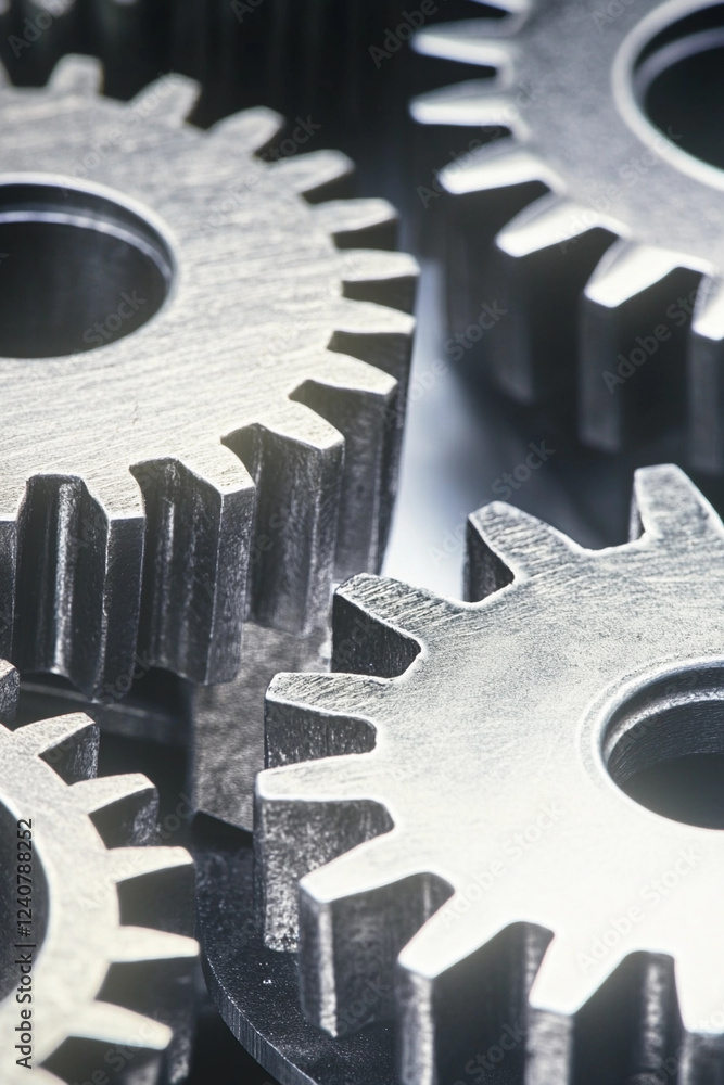 Poster intricate arrangement of metallic gears in close-up view