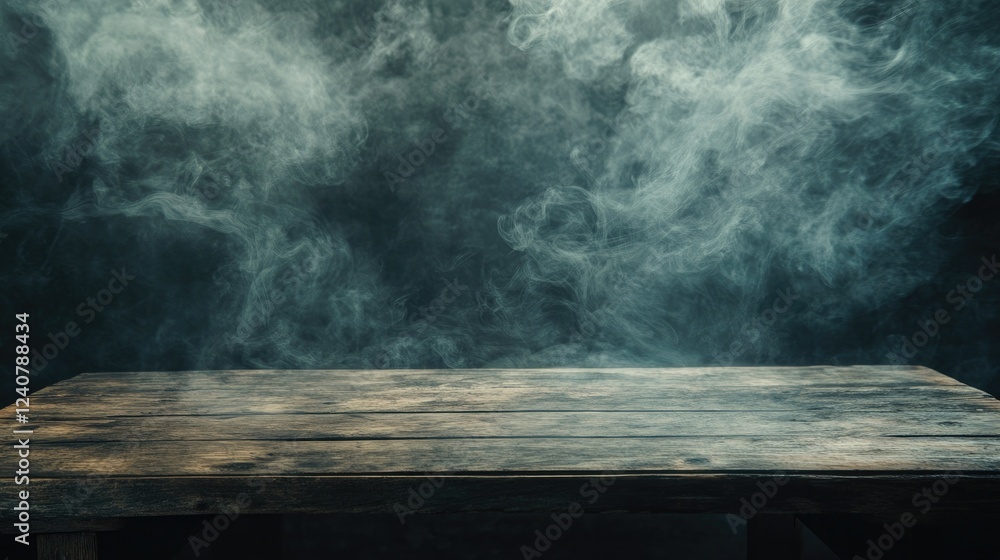 Poster Smoky tendrils swirl around a rustic wooden tabletop against a dark background, creating an atmospheric and moody setting.