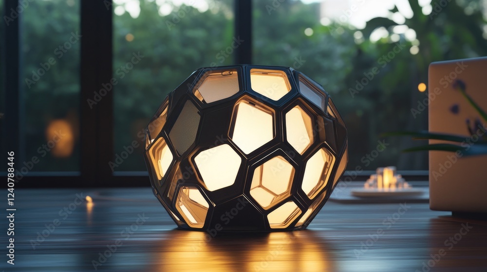 Aufkleber Soft, futuristic light illuminates a complex hexagonal design with interlocking shapes, creating a sleek, digital look.
