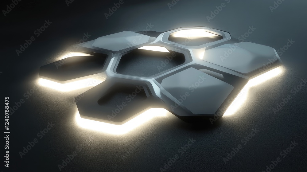 Aufkleber Soft, futuristic light illuminates a complex hexagonal design with interlocking shapes, creating a sleek, digital look.