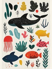Naklejka premium Colorful Marine Life Illustrations with Whales and Fish Designs