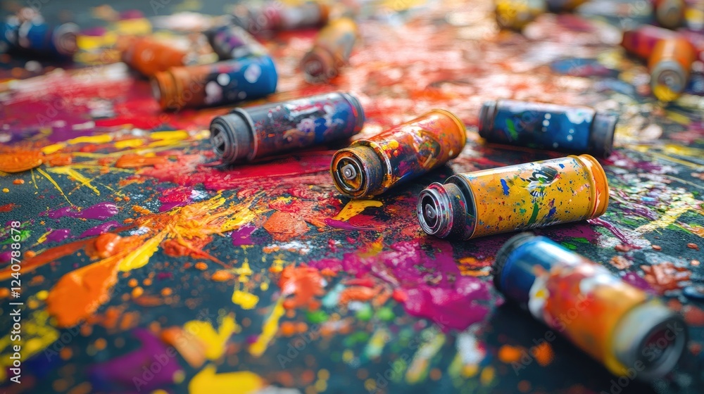 Poster spray paint cans strewn across the ground, surrounded by bursts of bright paint splatters, creating 