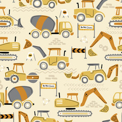 Seamless pattern vector illustration of construction vehicle with construction sign