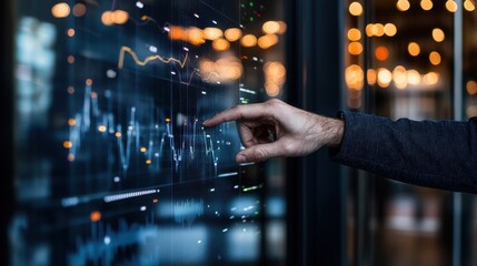 A hand interacting with a digital display showing data visualizations, highlighting trends and metrics in a modern, tech-focused environment.