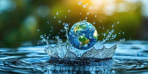 World water day with awareness and supply idea. A globe splashing in water, symbolizing environmental impact.