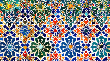 Colorful geometric patterns showcasing intricate designs in a vibrant mosaic style, ideal for art