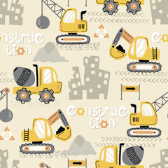 Seamless pattern vector illustration of construction vehicles cartoon at working