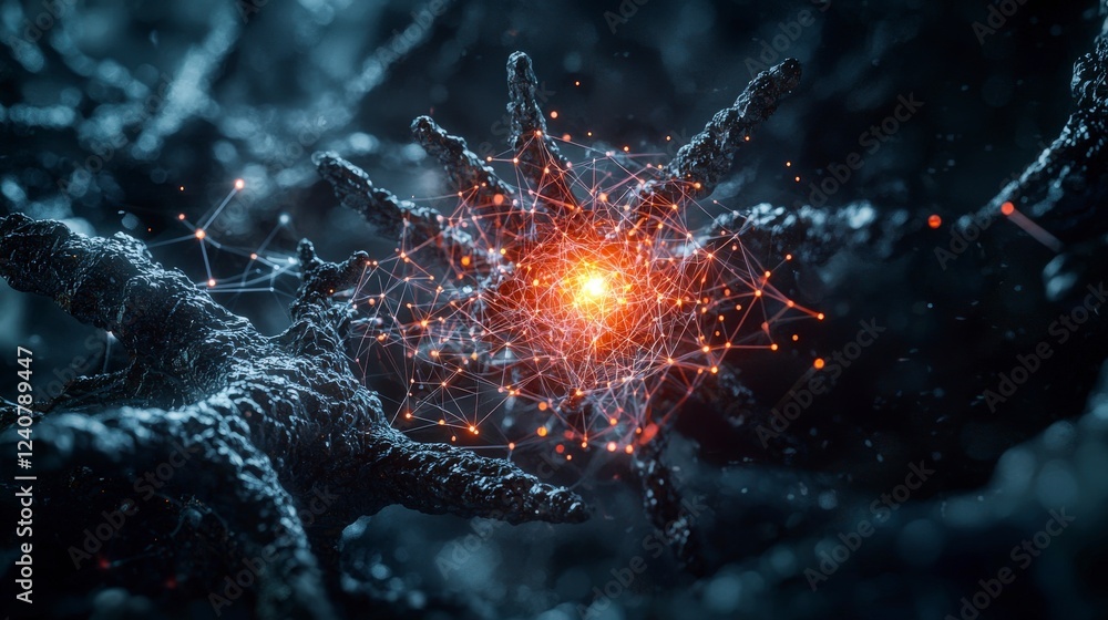 Poster Visualizing neural networks glowing connections in a dark environment science concept stunning abstract view