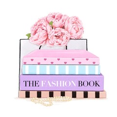 Beautiful set with books and pink flowers in paper shopping bag. Stylish decoration. Fashion illustration 