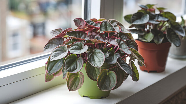 Peperomia with its vibrant foliage on a windowsill.