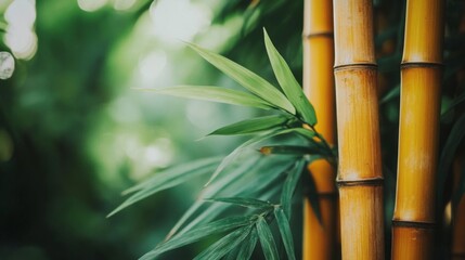 Obraz premium Golden Bamboo and Lush Green Leaves in a Tranquil Forest