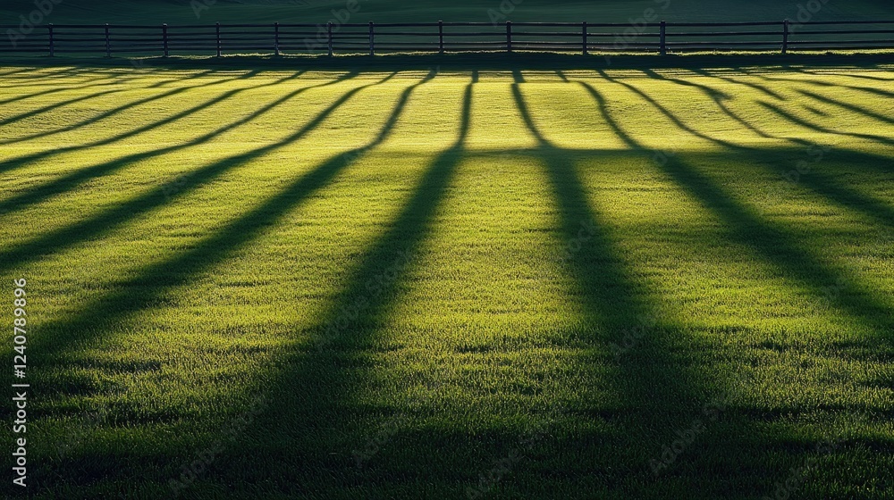 Poster the morning sun creates a beautiful pattern of shadows from a fence across a field of fresh grass, e