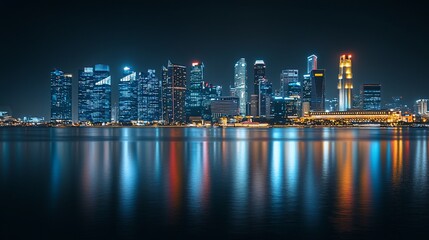 Fototapeta premium Night cityscape, harbor reflection, urban skyline, Asia