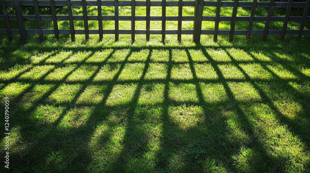 Poster the morning sun creates a beautiful pattern of shadows from a fence across a field of fresh grass, e