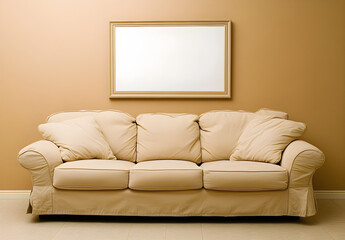 Fototapeta premium Photo of a minimalist living room with an empty poster frame on the wall, above a beige sofa. 