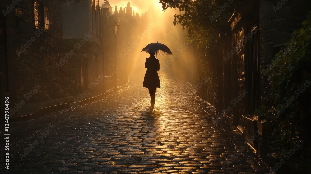 Poster the silhouette of a person with an umbrella stretches across an empty cobblestone street, illuminate
