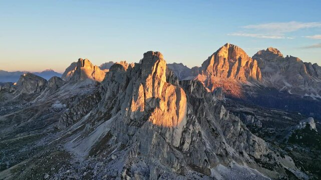 Aerial view of majestic Dolomites with sunrise over Monte Gusela, Passo Giau, Cortina d'Ampezzo, Belluno, Italy.