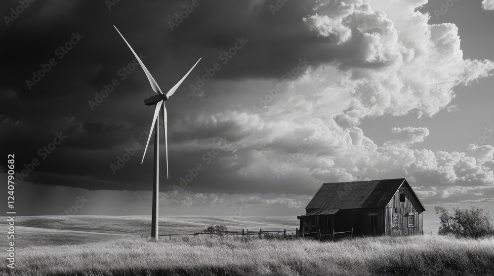Poster the size difference between a modern wind turbine and a traditional windmill is striking against a s