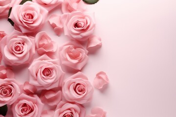 Fototapeta premium Delicate Arrangement of Pink Roses with Petals on a Soft Pink Background for Romantic and Wedding Themes