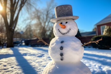 Obraz premium Snowman with carrot nose, coal eyes, stick arms, and top hat standing in snowy yard on sunny winter day