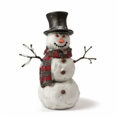 Festive snowman figurine wearing a top hat and plaid scarf, dusted with snow, evokes the charm of winter holidays