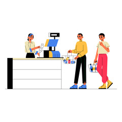 Customers Paying At Cash Register With Shopping Baskets In Flat Vector Illustration Symbolizing Retail Checkout, Customer Service, And Payment Process, Isolated On White Background
