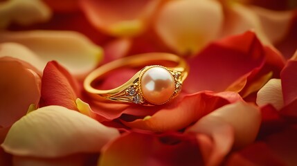 Elegant Gold Ring with Pearl Surrounded by Rose Petals