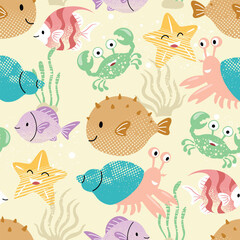 Seamless pattern vector illustration of colorful marine animals