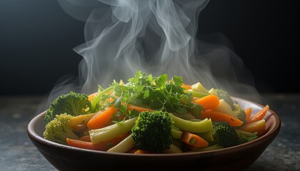 Steaming bowl of freshly cooked vegetables with citrus slices creating a warm and aromatic atmosphere perfect for healthy eating and culinary inspiration.