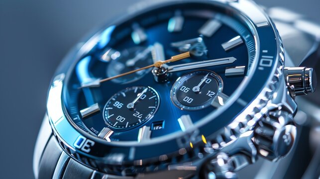 A close-up of a luxurious, silver and blue chronograph watch with a detailed face and intricate design.