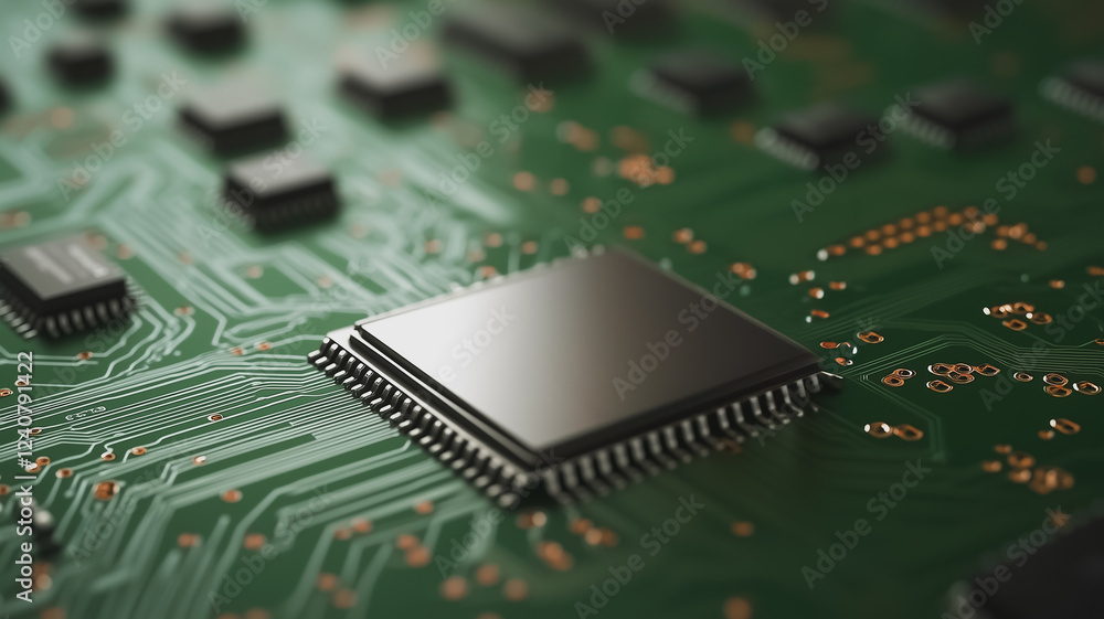 Poster silicon heart: a close-up shot of a computer chip, its intricate circuitry etched on a green circuit