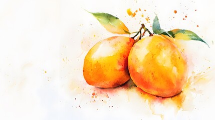 Watercolor Painting of Two Ripe Oranges with Leaves