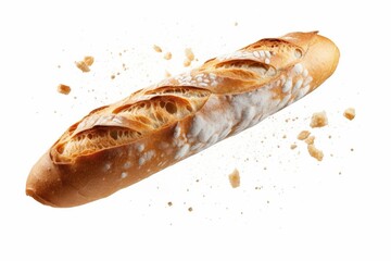 Fresh Baguette Loaf with Crispy Crust and Light Fluffy Interior Surrounded by Crumbled Bread Pieces on a White Background