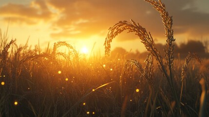 Golden Sunrise Over Dewy Rice Paddy Field